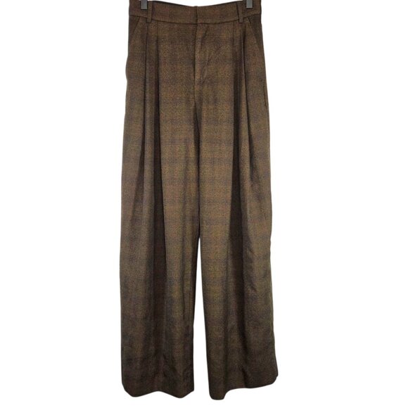 Banana Republic Vasto Wide-Leg Italian Wool Pant Plaid Brown Business Preppy 0 - Picture 5 of 14